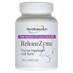 TRANSFORMATION ReleaseZyme bottle front shows herbal enzyme formula for digestion.