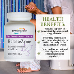 TRANSFORMATION ReleaseZyme label close-up highlights plant-based enzymes and herbs.
