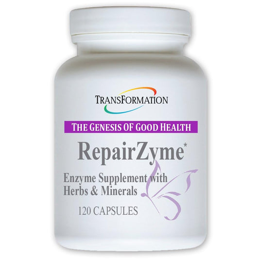 TRANSFORMATION RepairZyme bottle showing label and vegan formula for digestion support