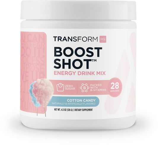 TransformHQ Energy and Focus Powder cotton candy tub with clear label for easy dosing.