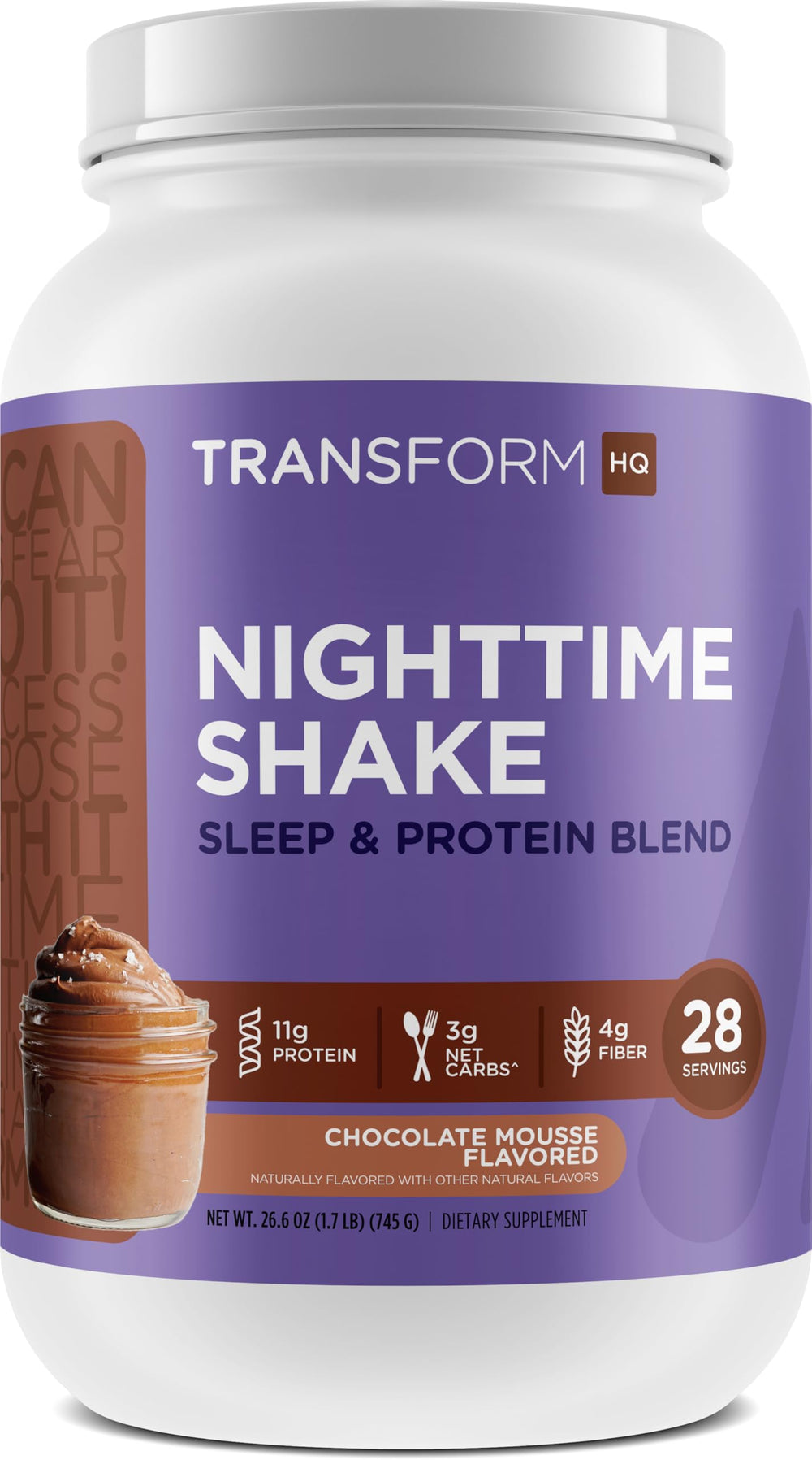 TransformHQ Nighttime Shake bottle with chocolate mousse flavor for a bedtime protein option