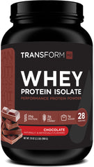 TransformHQ Whey Protein Isolate bottle in chocolate flavor, convenient post-workout nutrition.