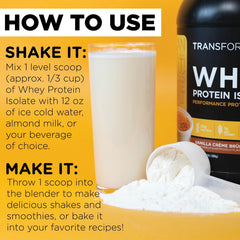 TransformHQ Whey Protein Isolate GMP facility badge emphasizes quality standards.