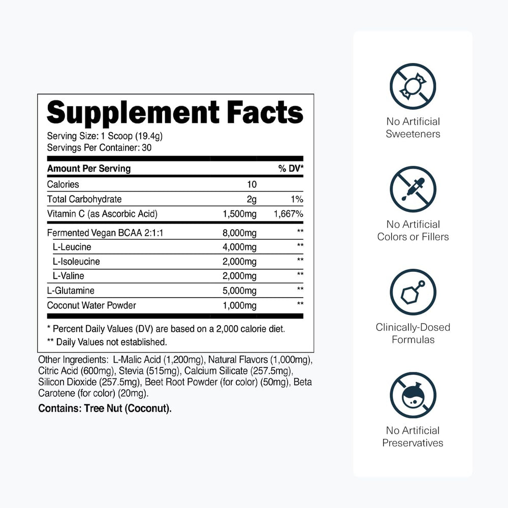 Serving scoop beside Transparent Labs BCAA Glutamine label