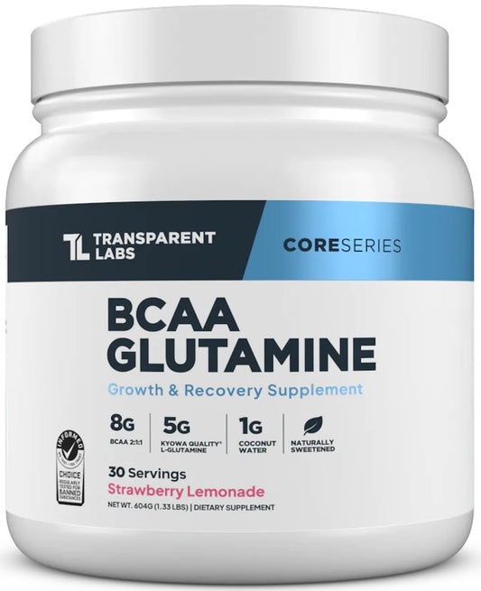 Transparent Labs BCAA Glutamine tub label highlighting vegan-friendly ingredients and 8,000 mg BCAAs.