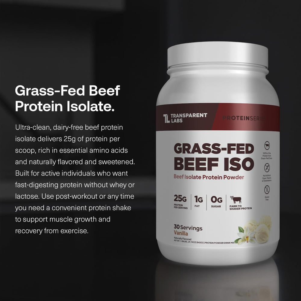 Transparent Labs beef protein scoop highlights high-protein serving for lean muscle support.
