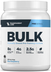 Transparent Labs Bulk Pre-Workout blue raspberry bottle boosts focus and endurance during workouts