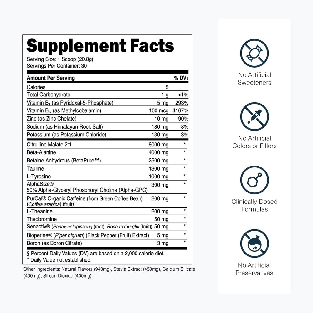 Transparent Labs Bulk Pre-Workout blue raspberry bottle close-up highlights clean ingredients