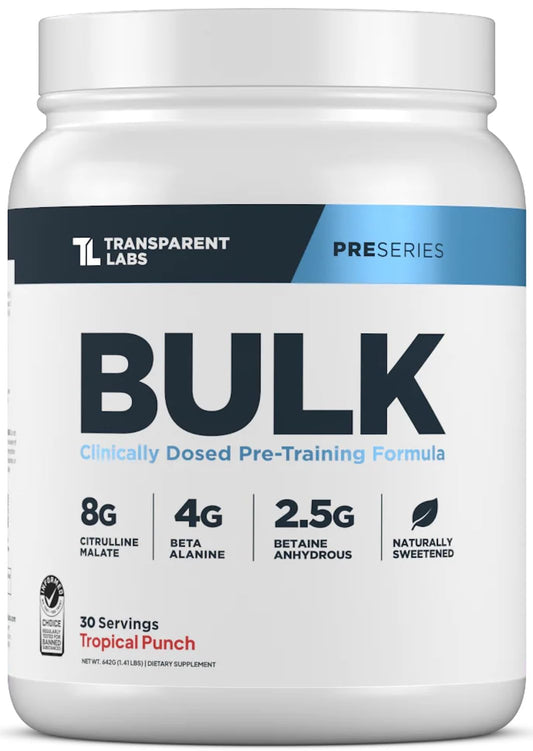 Transparent Labs Bulk Pre-Workout Tropical Punch bottle boosts clean energy for intense sets