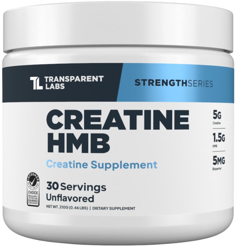 Transparent Labs Creatine HMB bottle front promotes strength-focused supplementation.