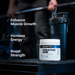 Transparent Labs Creatine HMB in gym bottle signals performance-focused training sessions.