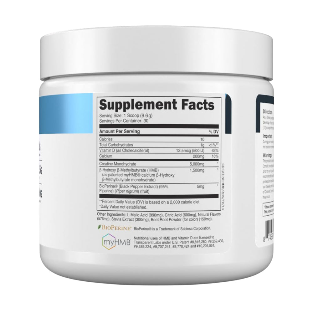 Transparent Labs Creatine HMB ingredients panel showcases science-backed formula.