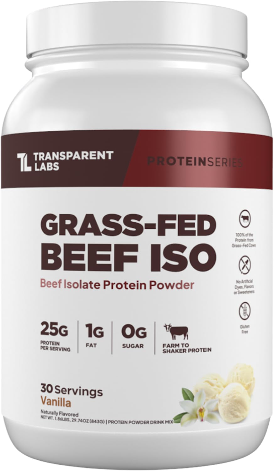 Transparent Labs grass-fed beef isolate vanilla jar, a dairy-free protein option for recovery.