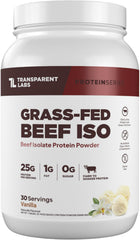 Transparent Labs grass-fed beef isolate vanilla jar, a dairy-free protein option for recovery.