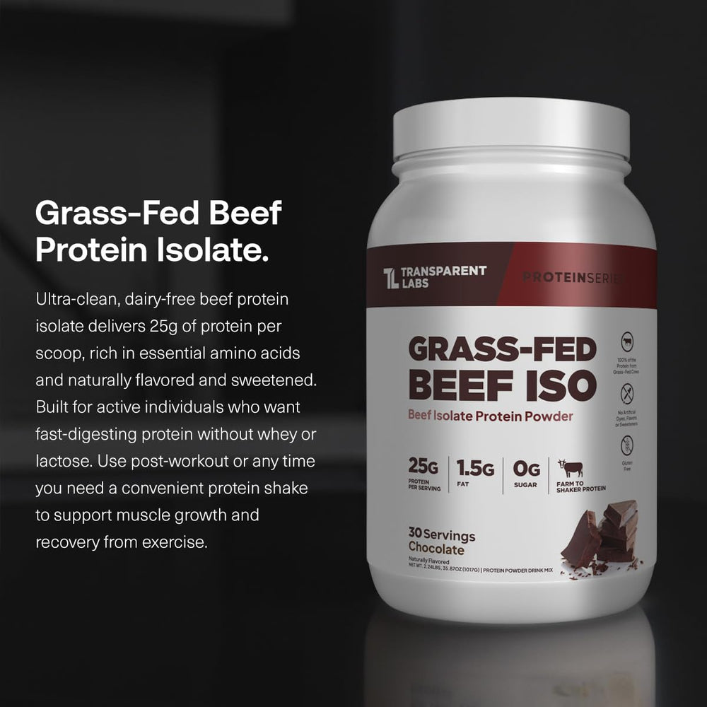 Transparent Labs beef protein powder nutrition panel highlighting protein and low sugar.