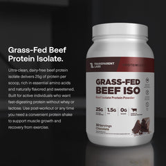 Transparent Labs beef protein powder nutrition panel highlighting protein and low sugar.