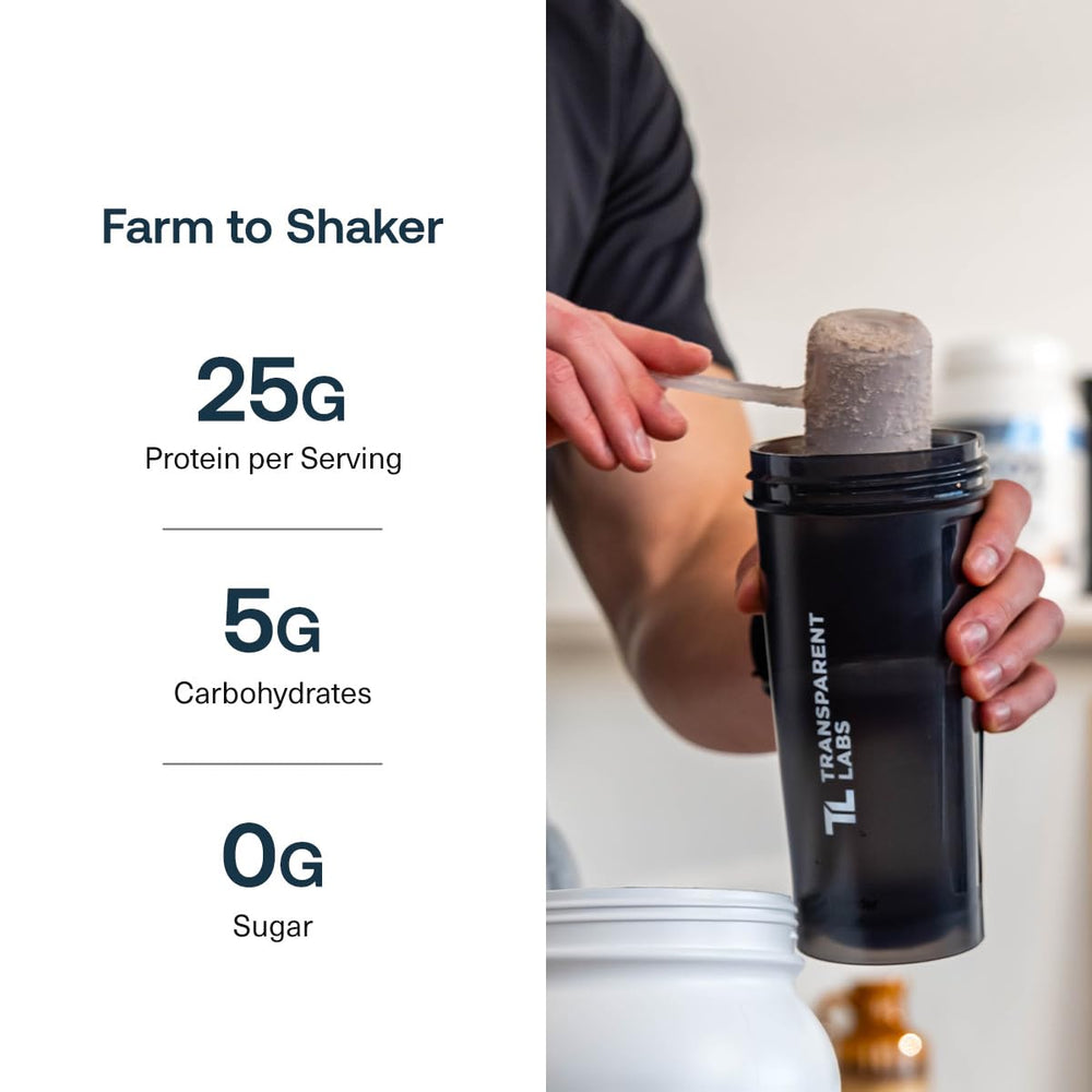 Transparent Labs grass-fed beef protein powder in a shaker for easy mixing.