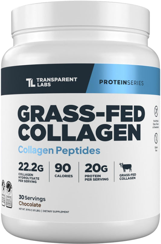 Transparent Labs grass-fed collagen powder tub front with hydration focus