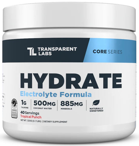 Transparent Labs Hydrate bottle pour promotes quick hydration after workouts.