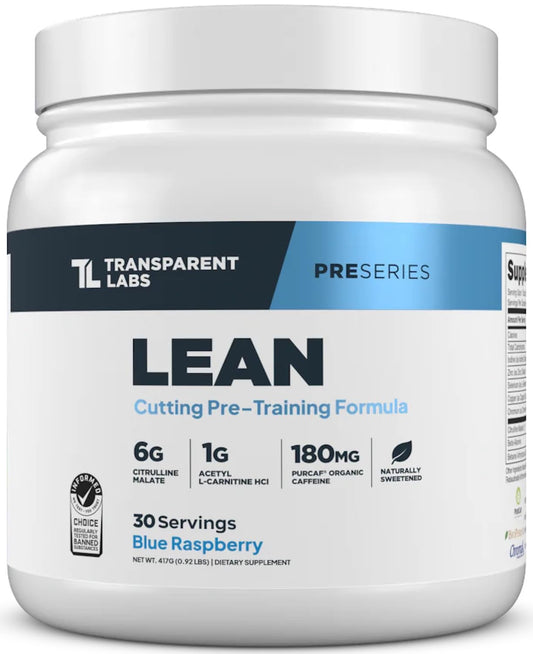 Transparent Labs Lean Pre-Workout bottle front promotes focused training.