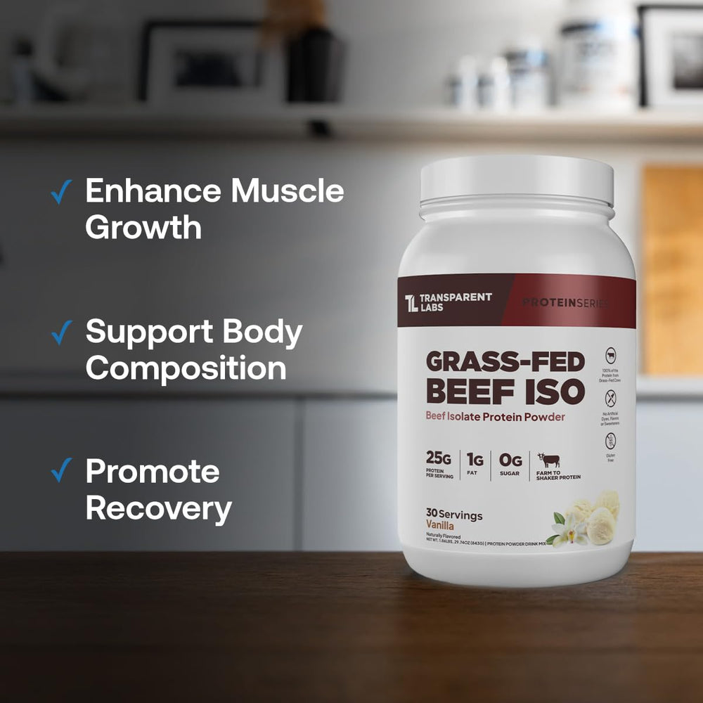 Transparent Labs nutrition facts panel highlights 25g protein per serving.