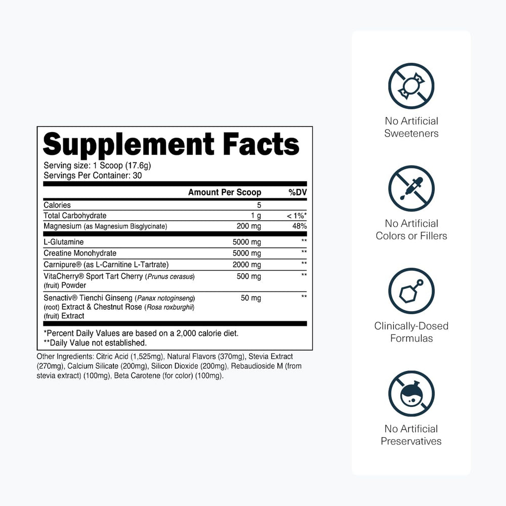 Transparent Labs Post label-ingredients shows clinically dosed L-Glutamine and Creatine Monohydrate.