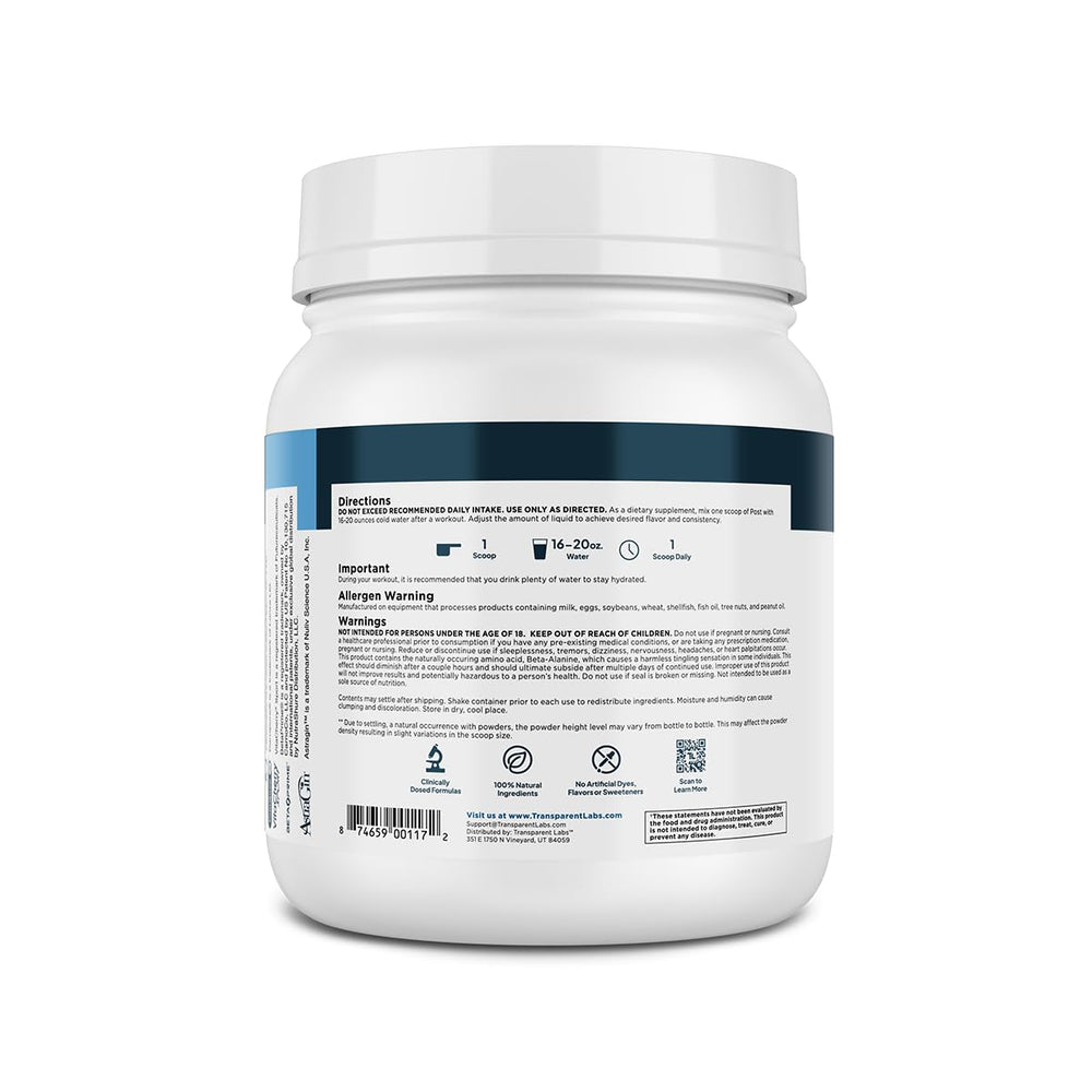 Transparent Labs Post senactiv-blend suggests athletic recovery potential after training.