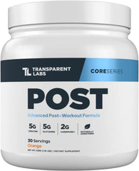 Transparent Labs Post recovery powder tub highlights post-workout support.