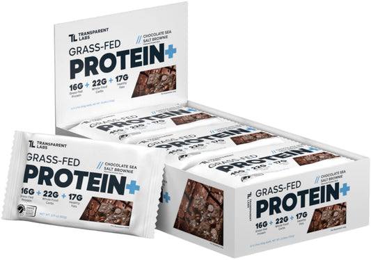 Transparent Labs Protein+ Bars sea salt brownie box for on-the-go protein.