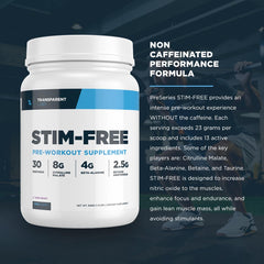 Blue raspberry powder from Stim-Free Pre-Workout glistens in a clear shaker.