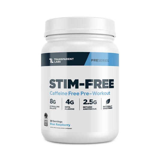 Transparent Labs Stim-Free Pre-Workout canister with blue raspberry label signaling caffeine-free energy.