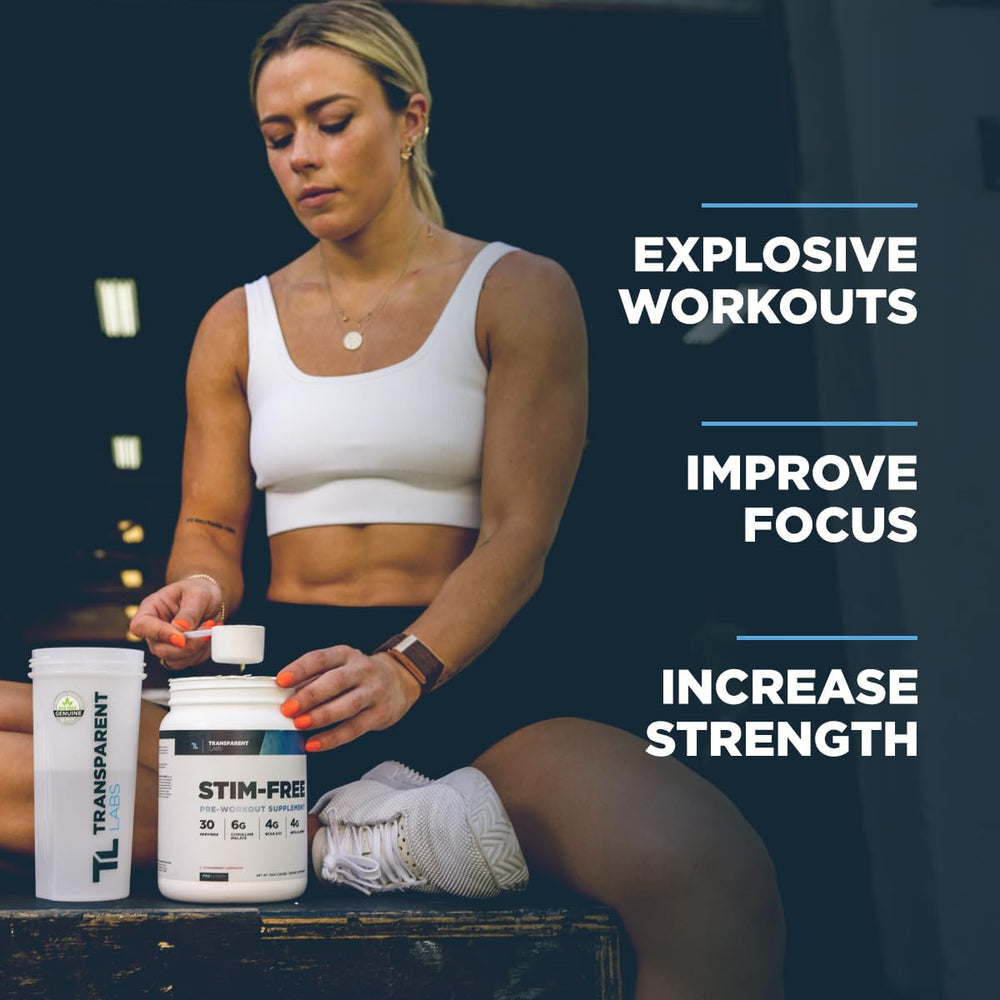 Gym scene with Stim-Free Pre-Workout on the bench suggesting focused training.