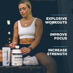 Gym scene with Stim-Free Pre-Workout on the bench suggesting focused training.