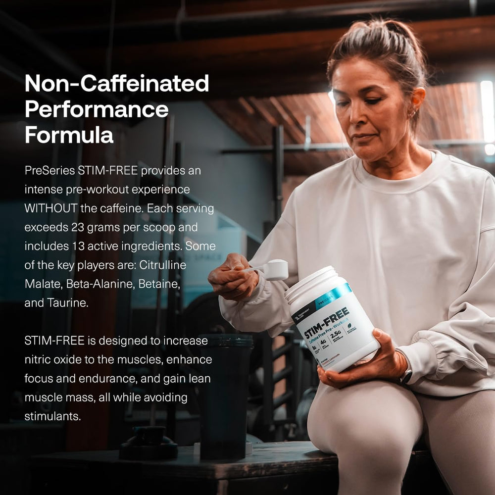 Transparent Labs Stim-Free powder in shaker, smooth mix during sessions.