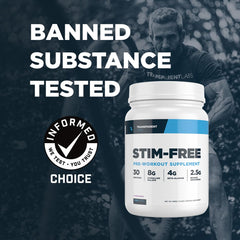 Close-up of the Stim-Free scoop pouring powder for precise dosing during workouts.