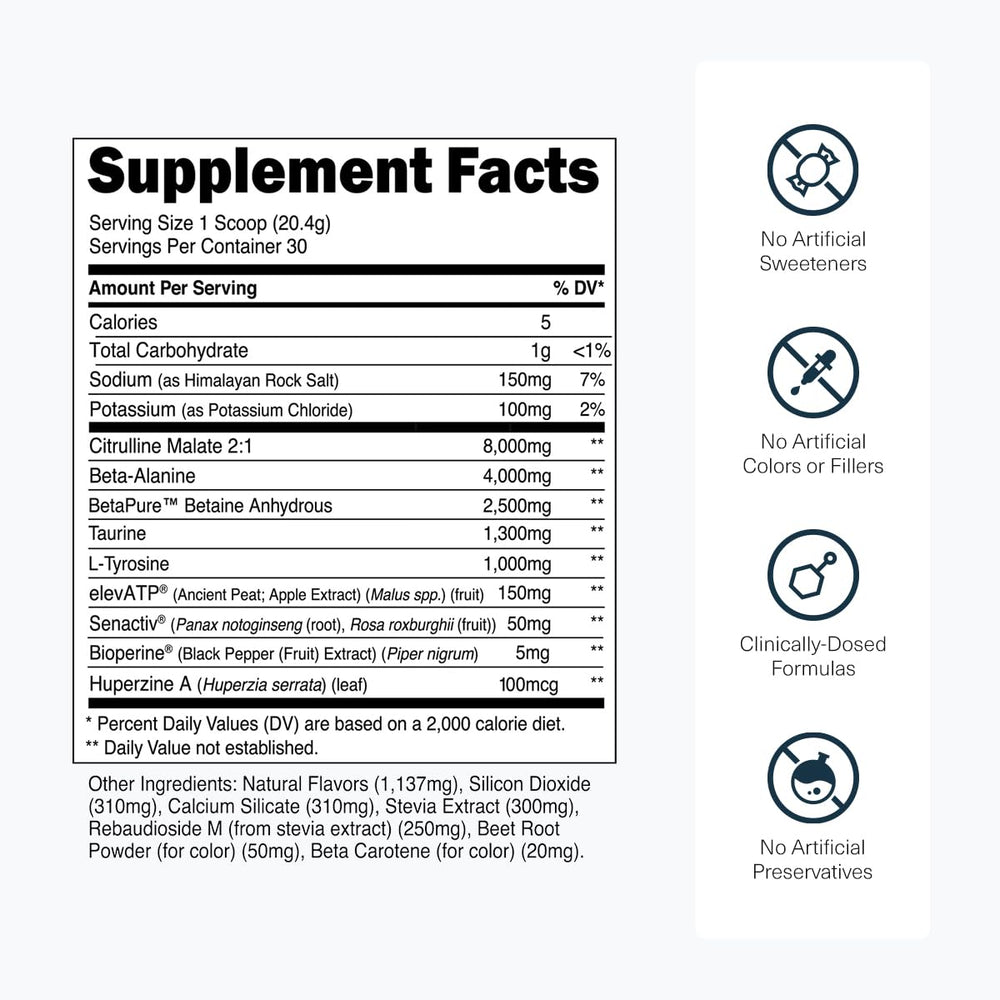 Scoop with 8,000 mg Citrulline Malate highlighted for better pump during training.