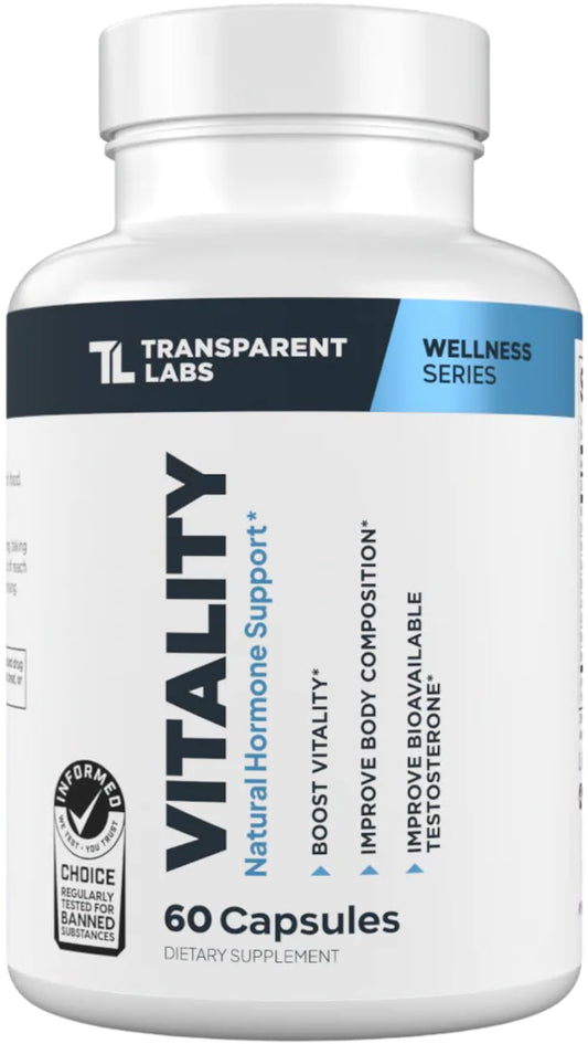 Transparent Labs Vitality bottle on a clean gym bench, suggesting daily energy support