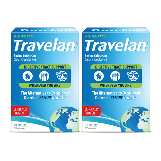 Travelan anti-diarrhea pill bottle for portable travel digestive support.