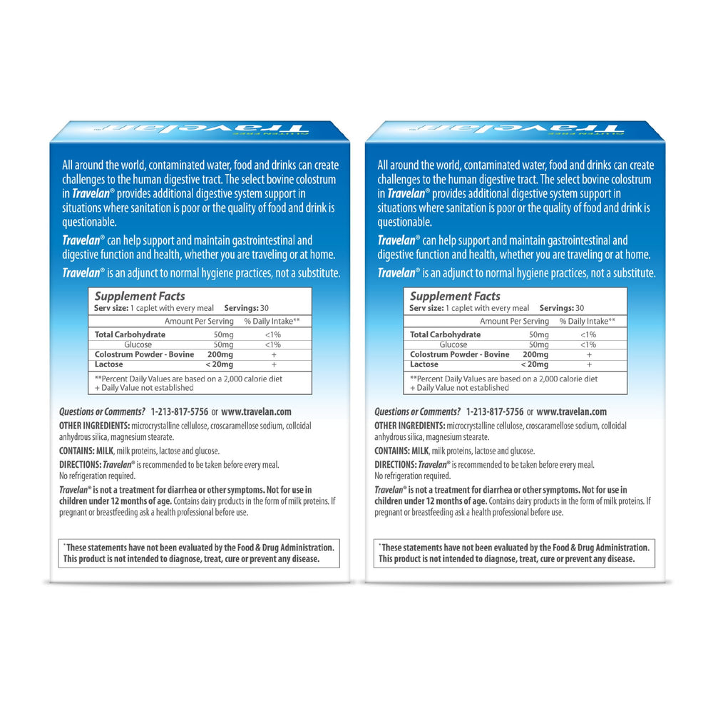 Travelan package inside view with dosage and serving details.