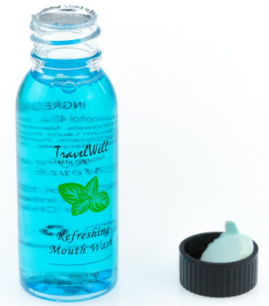 Travelwell durable packaging for travel-sized mouthwash in itineraries.