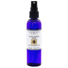 Travertine Spa Steam Shower Spray bottle front view with invigorating eucalyptus aroma.
