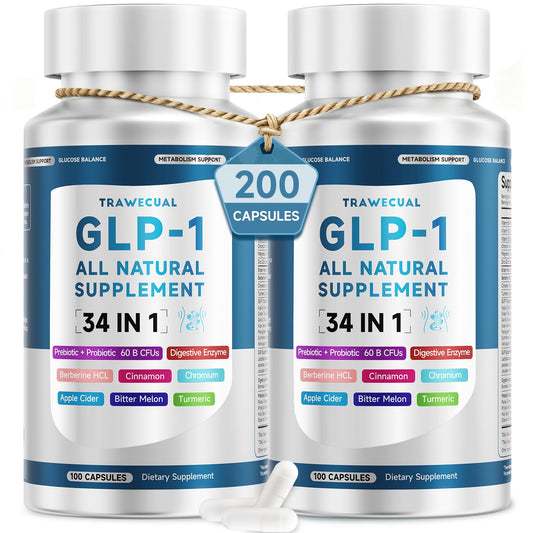 Trawecual GLP-1 bottle front highlighting a two pack for digestive support