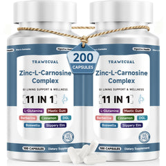 Trawecual zinc-L-carnosine bottle shows 85 mg formula for digestive comfort.