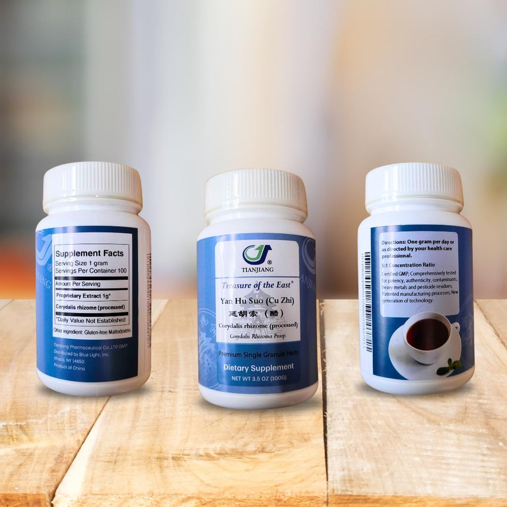 Treasure of the East Corydalis rhizome label closeup highlights purity and modern extraction.