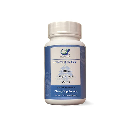 Treasure of the East Indigo Qing Dai capsules bottle showing concentrated herbal extract for daily wellness