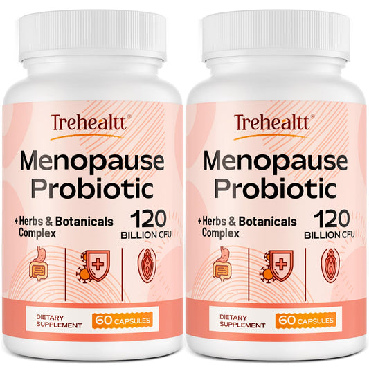 Trehealtt menopause bottle front view showing 120 capsules for daily support