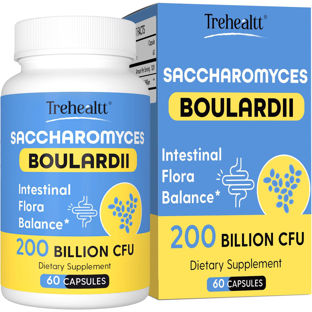 Trehealtt Saccharomyces boulardii 200B CFUs bottle supports digestive balance.