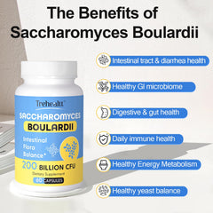 Trehealtt Saccharomyces boulardii on kitchen counter suggests convenient daily routine.