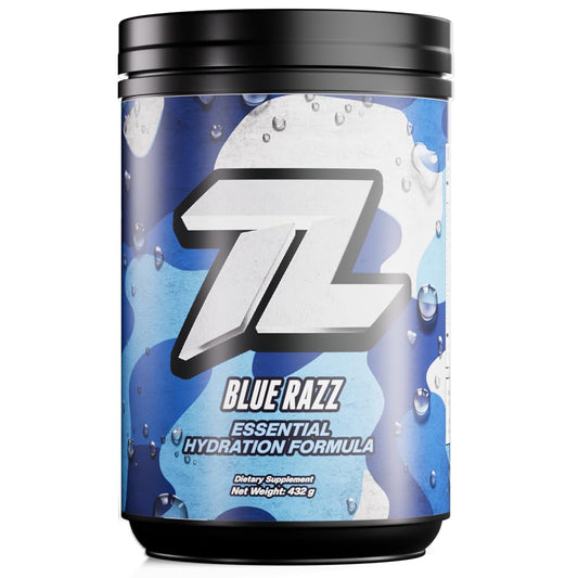 The Treigning Lab Hydration blue razz bottle for on-the-go electrolyte balance.