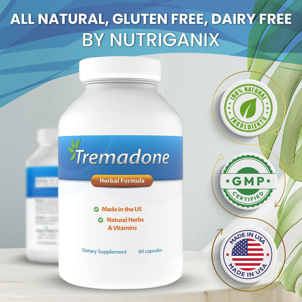 Tremadone packaging label highlighting gluten-free and dairy-free formula
